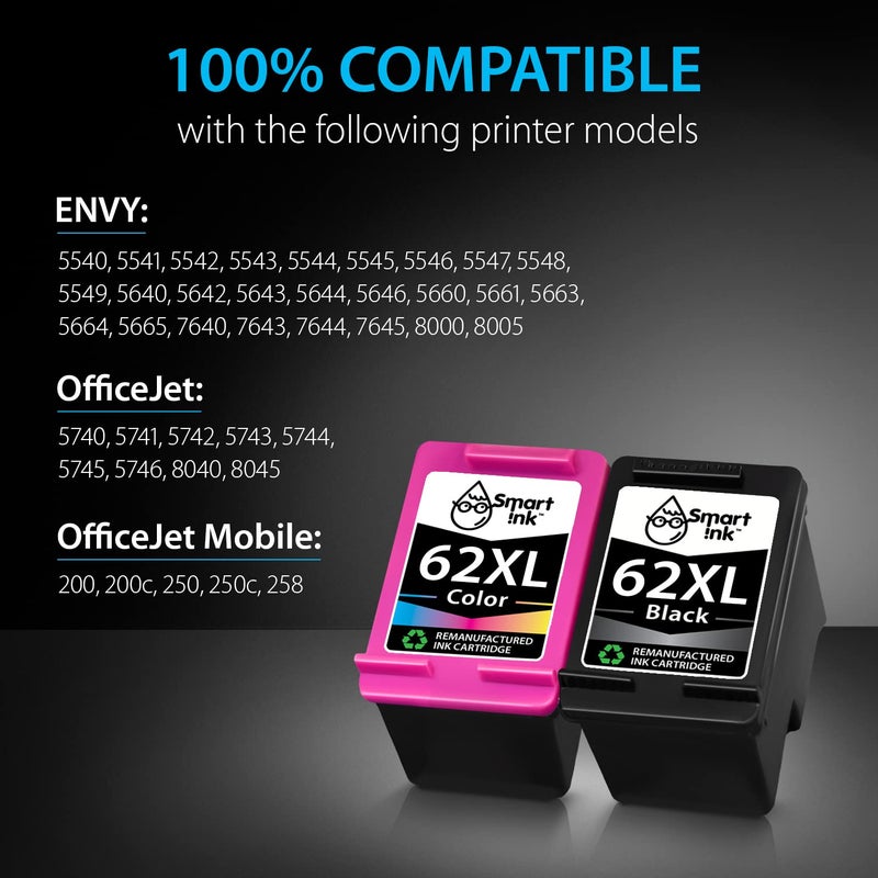 Smart Ink Remanufactured Ink Cartridge Replacement for HP 62 XL 62XL Black & Tricolor (2 Combo Pack) for HP Printer Envy 7640 5660 7645 5540 5643 5661 5664 5663 5640 5642 OfficeJet 5740 5746 5745 8040 - Image 3